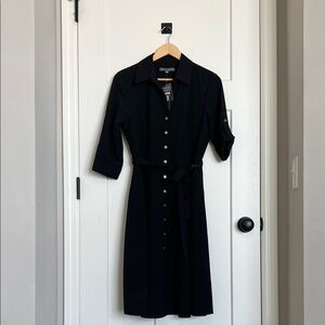 Sharagano New York, very black Midi Dress with tie waist and gold buttons
